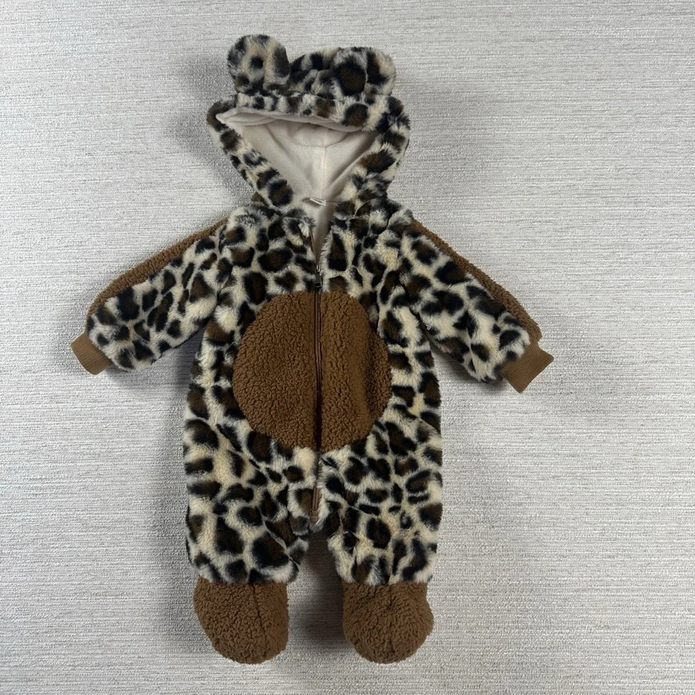 Bunting Suit Infants 0-3 Month Leopard Print Hooded Outdoor Fleece Purskyy Brown